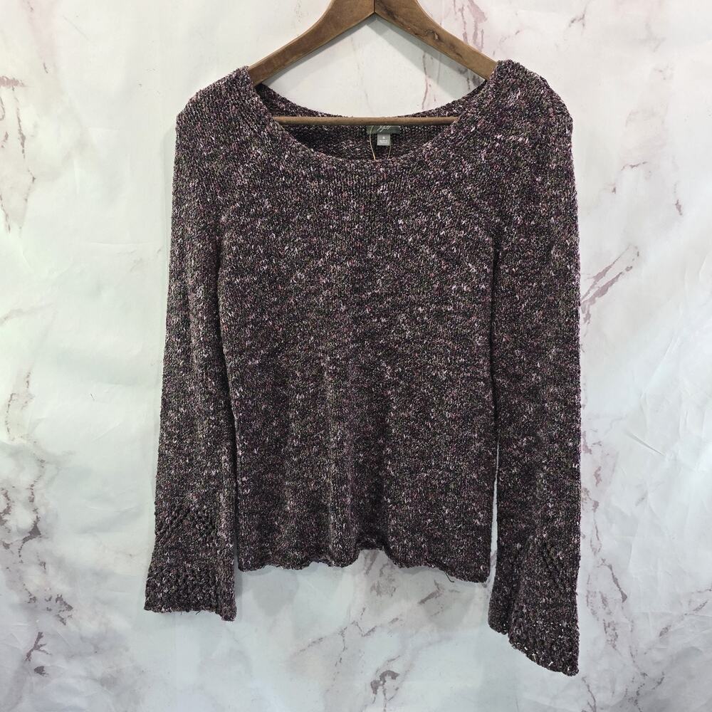 J Jill Sweater Womens Small Purple Crochet Flared Sleeve Round Neck Marled